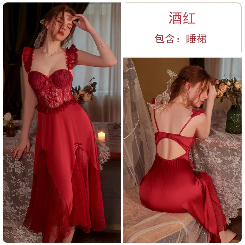 White Perspective Female Robe Set Lace Kimono Nightdress Sleepwear Summer Bathrobe Nightgown Suit Women Mesh Home Wear Clothing