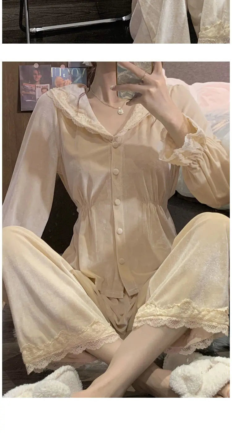 Velvet Pajama Sets Women Sweet Lace Aesthetic Chic Sleepwear Retro French Style Elegant Feminine Autumn Winter Cozy Home Pajamas