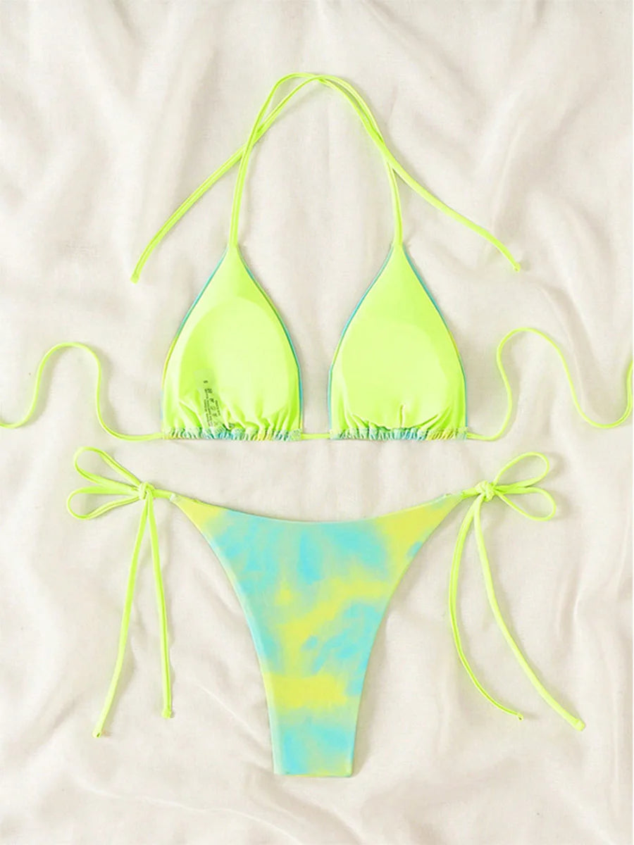 Tie Dye Bikins 2025 Mini Micro String Bikini Women Swimwear Female Swimsuit Two Pieces Bikini Set Halter Bathing Suit Swim Lady