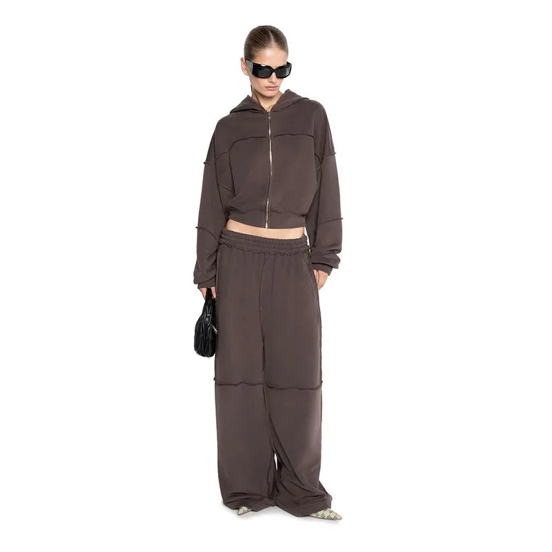 Autumn Winter Casual Hoodie Two Piece Set Women Trendy Sports Style Hooded Cardigan Wide Legs Trousers 2 Piece Sets Female New