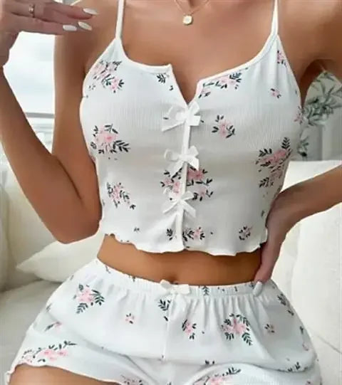 New Hot Sale Of The Season Heart Print Color Block Sleepwear Set with Front Slit Strap Design Comfortable Spandex Nightgown Wome
