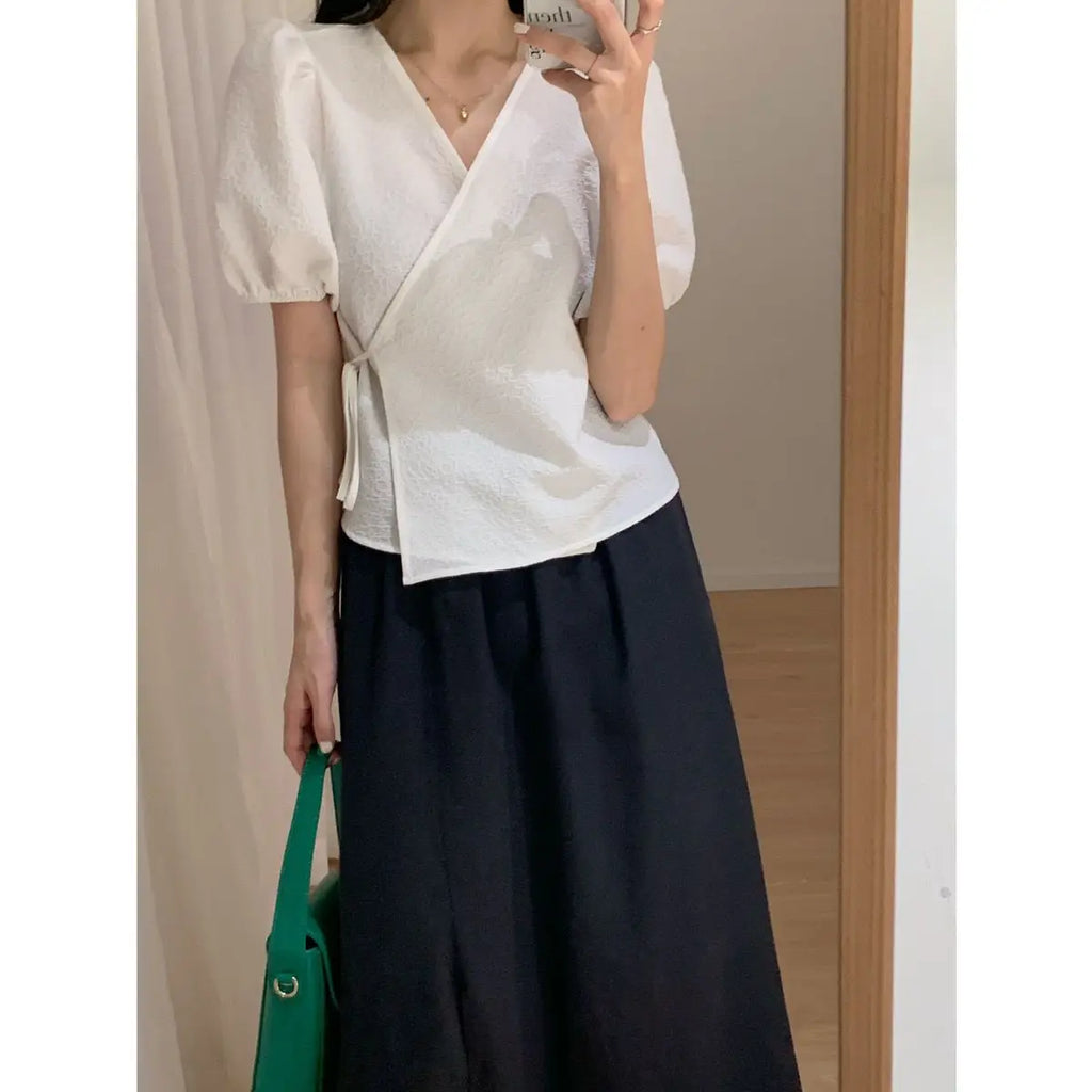 Blouses Women Summer Korean Style V-neck Design Simple Puff Sleeve Leisure Lace-up All-match Vintage Elegant Daily Trendy Tops