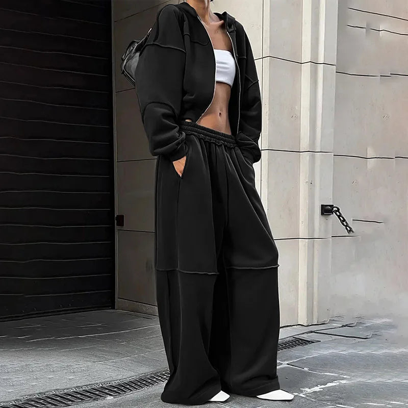 Autumn Winter Casual Hoodie Two Piece Set Women Trendy Sports Style Hooded Cardigan Wide Legs Trousers 2 Piece Sets Female New