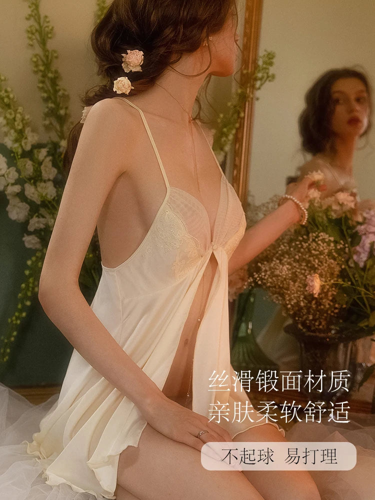 Women's Sleepwear Gather Bra Nightgown Underwear Hot Sling Nightdress Front Split Silk Dress with Panty Mesh Lace Sexy Pajamas