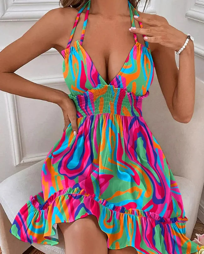 Summer New Vestidos Women Trendy Dress V Neck Sleeveless Halter Backless Sundress Ruffles Holiday Beach Dresses