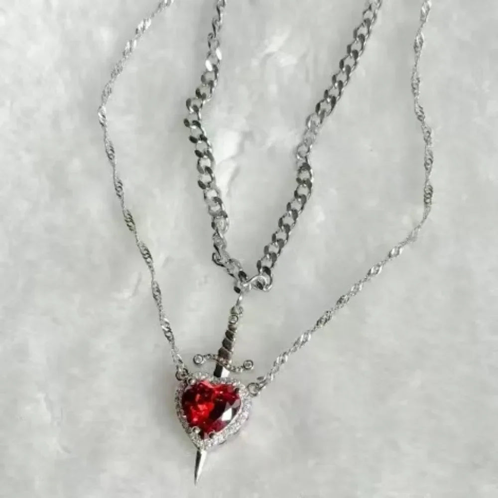 Heart and Sword Necklace Couple Necklaces Zircon Crystal Ring Bracelet Necklace Jewelry Set for Romantic Valentine's Day Gifts