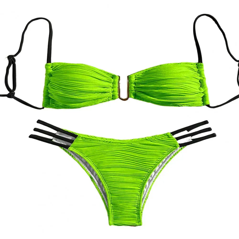 2Pcs/Set Women Split Swimsuit Bikini Set Sling Bandeau Padded Bra Wrinkle Texture Briefs Set Fashion Sexy Beachwear