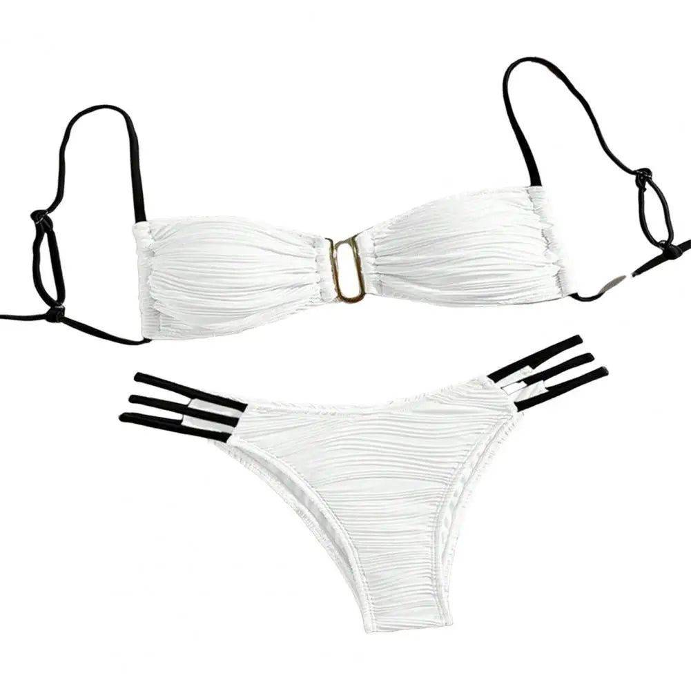 2Pcs/Set Women Split Swimsuit Bikini Set Sling Bandeau Padded Bra Wrinkle Texture Briefs Set Fashion Sexy Beachwear