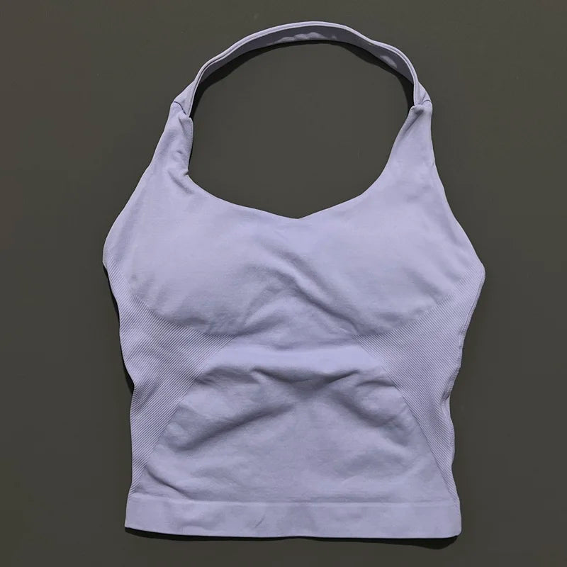 HISTELLO Impact Halter Top Women Backless Push Up Seamless High Support Bust Lift Slim Fit Gym Pilates Fitness Sports Vest
