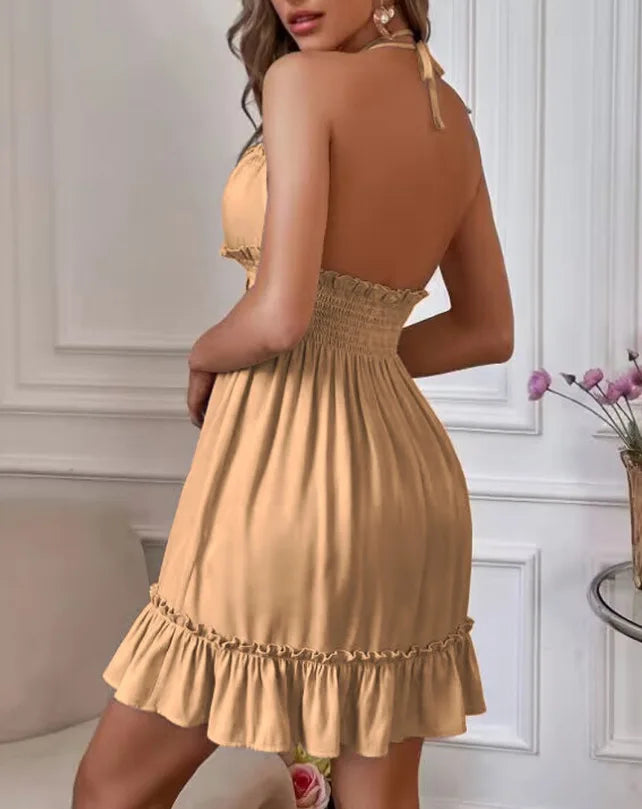 Summer New Vestidos Women Trendy Dress V Neck Sleeveless Halter Backless Sundress Ruffles Holiday Beach Dresses