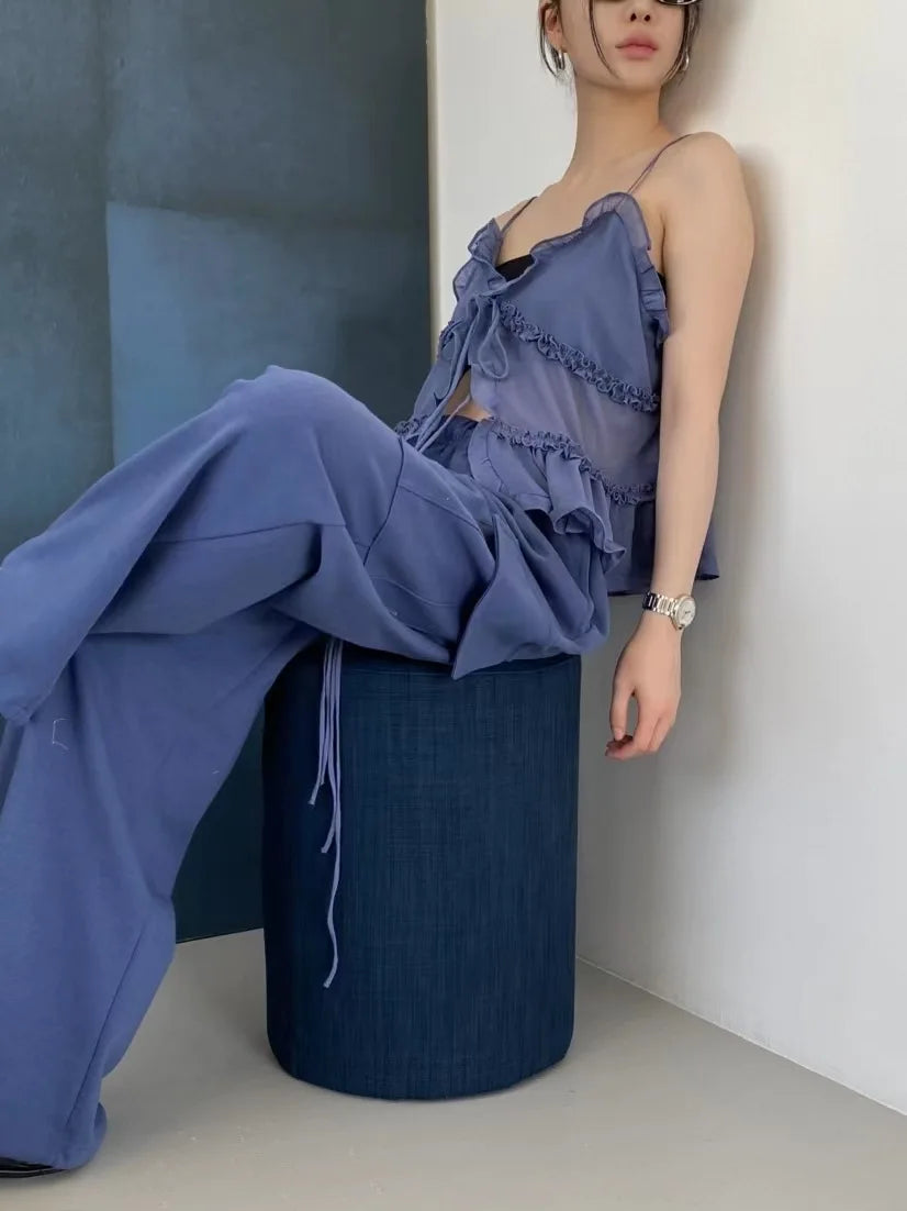 Cryptographic Summer Sleeveless Chiffon Tie Detail Cami Tops Slim Y2K Rave Festival Frill Hem Backless Sheer Sexy Cropped Tops
