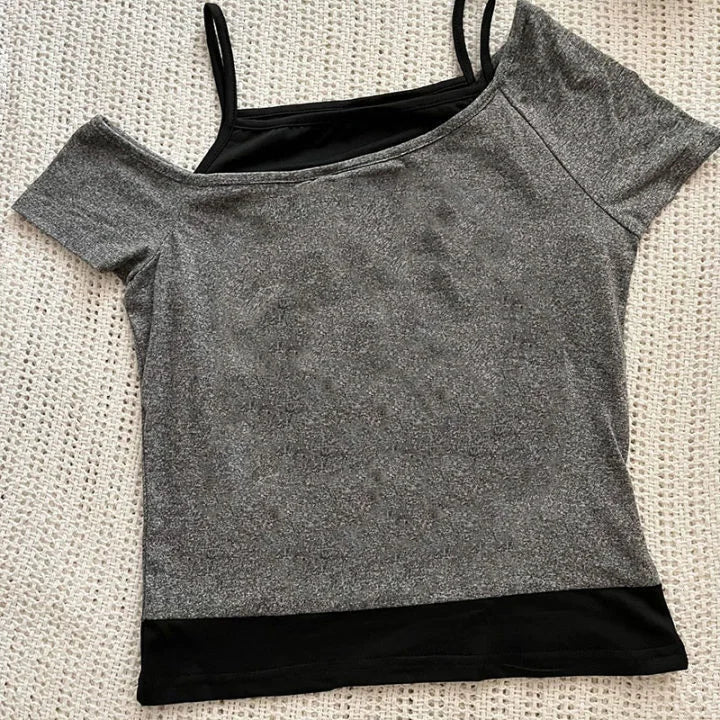 90s retro clothing women's T-shirt punk sexy short sleeved summer streetwear spicy girl gothic slim fit fake two-piece crop top