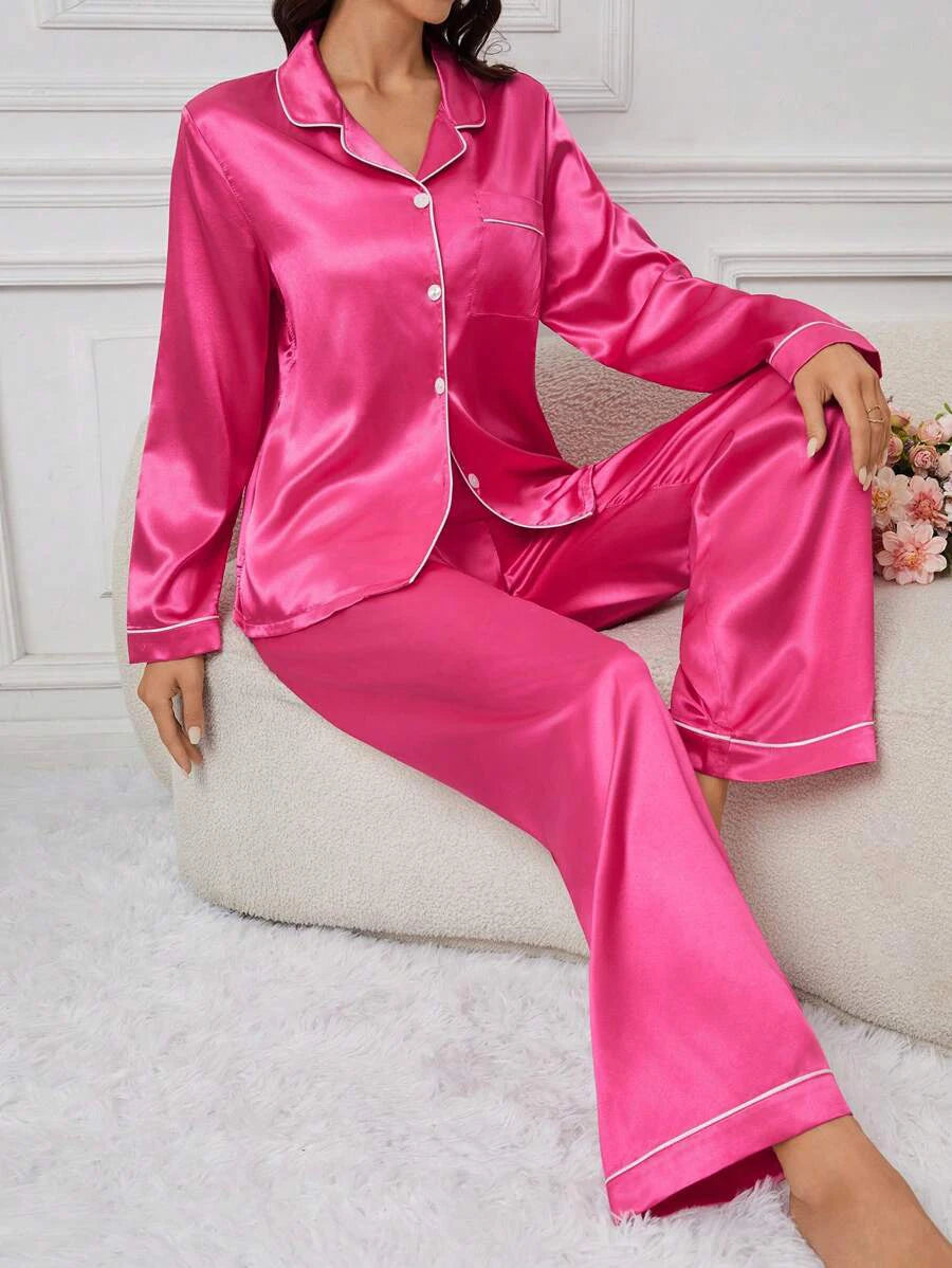 2026 New Women's Pajamas Autumn Luxurious Satin Long Sleeve Pajama Set Elegant Lapel Collar Top Long Pants Sleepwear Loungewear