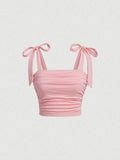 Solid Tie Shoulder Ruched Wide Strap Slim Fit Crop Top for Women Summer 2025 Y2K Clothes Pink Backless Cami Top Streetwear