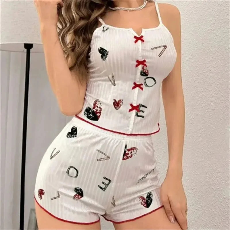 New Hot Sale Of The Season Heart Print Color Block Sleepwear Set with Front Slit Strap Design Comfortable Spandex Nightgown Wome
