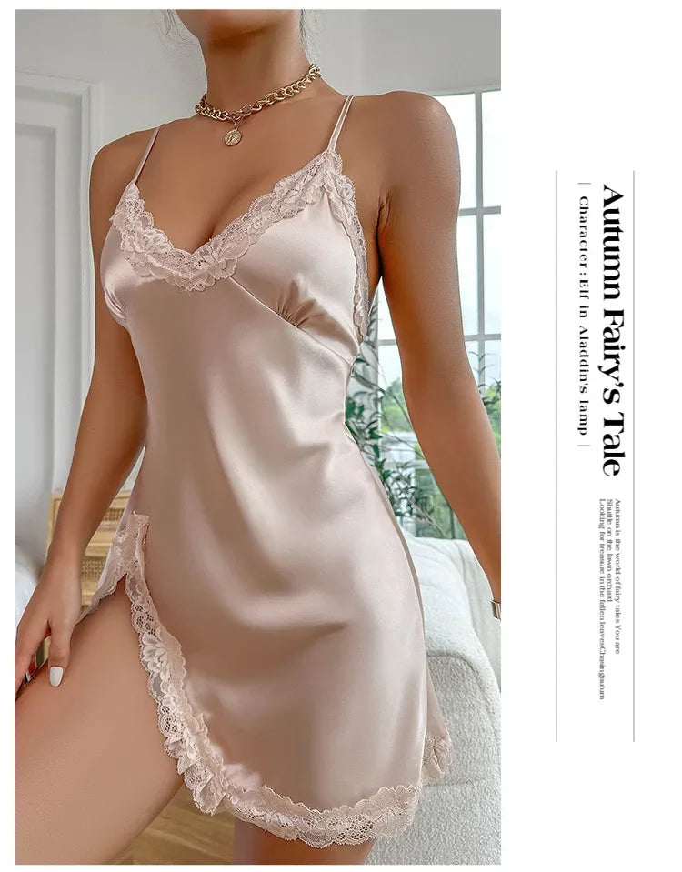 Summer Sleepwear Contrast Lace Silk Satin Nightdress for Women Deep V Backless Lace Up Split Slip Sleep Dress Nightgown