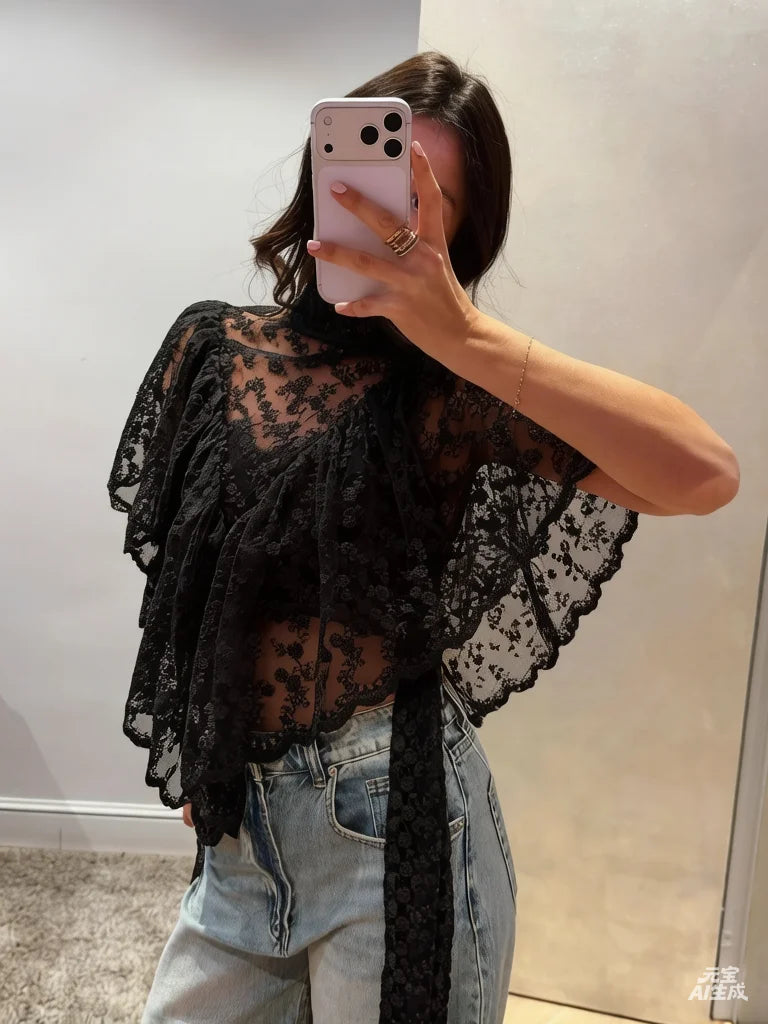 Women Y2K Fairy Mesh See Through Casual High Neck Looseshawls Floral Lace Embroidery Shawl Tops Asymmetrical Streetwear