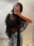 Women Y2K Fairy Mesh See Through Casual High Neck Looseshawls Floral Lace Embroidery Shawl Tops Asymmetrical Streetwear