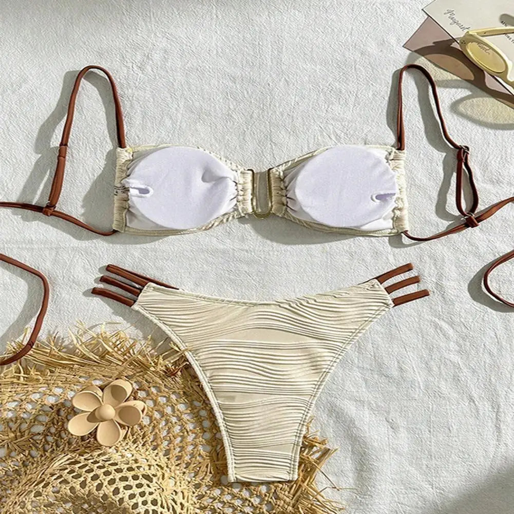 2Pcs/Set Women Split Swimsuit Bikini Set Sling Bandeau Padded Bra Wrinkle Texture Briefs Set Fashion Sexy Beachwear