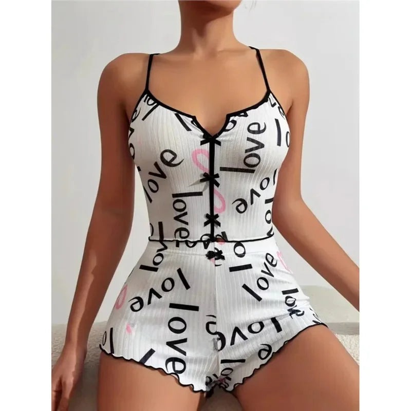New Hot Sale Of The Season Heart Print Color Block Sleepwear Set with Front Slit Strap Design Comfortable Spandex Nightgown Wome