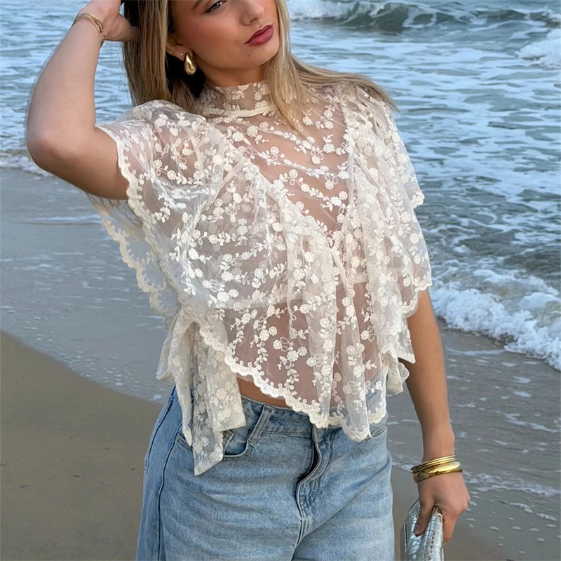 Women Y2K Fairy Mesh See Through Casual High Neck Looseshawls Floral Lace Embroidery Shawl Tops Asymmetrical Streetwear