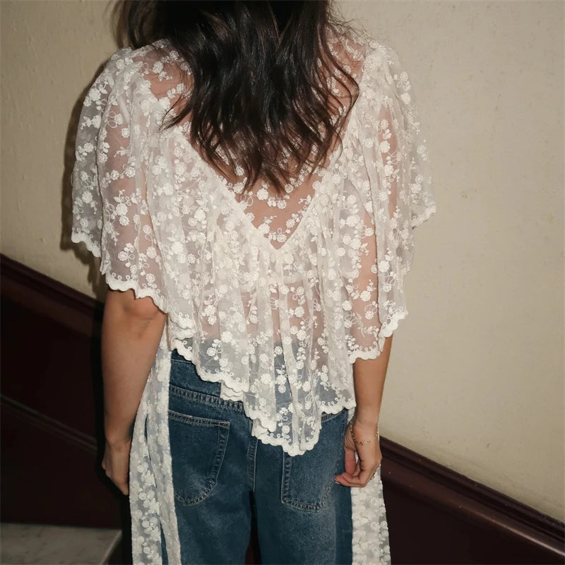 Women Y2K Fairy Mesh See Through Casual High Neck Looseshawls Floral Lace Embroidery Shawl Tops Asymmetrical Streetwear