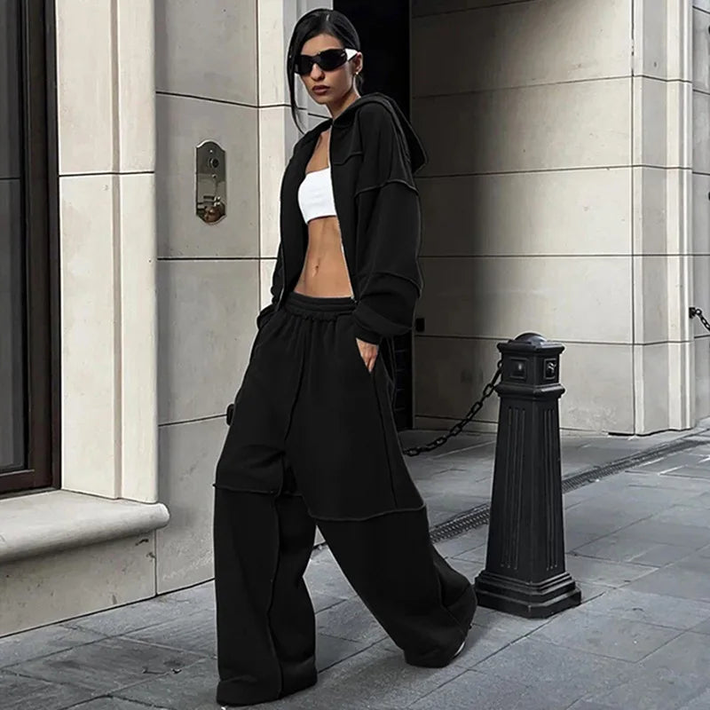 Autumn Winter Casual Hoodie Two Piece Set Women Trendy Sports Style Hooded Cardigan Wide Legs Trousers 2 Piece Sets Female New
