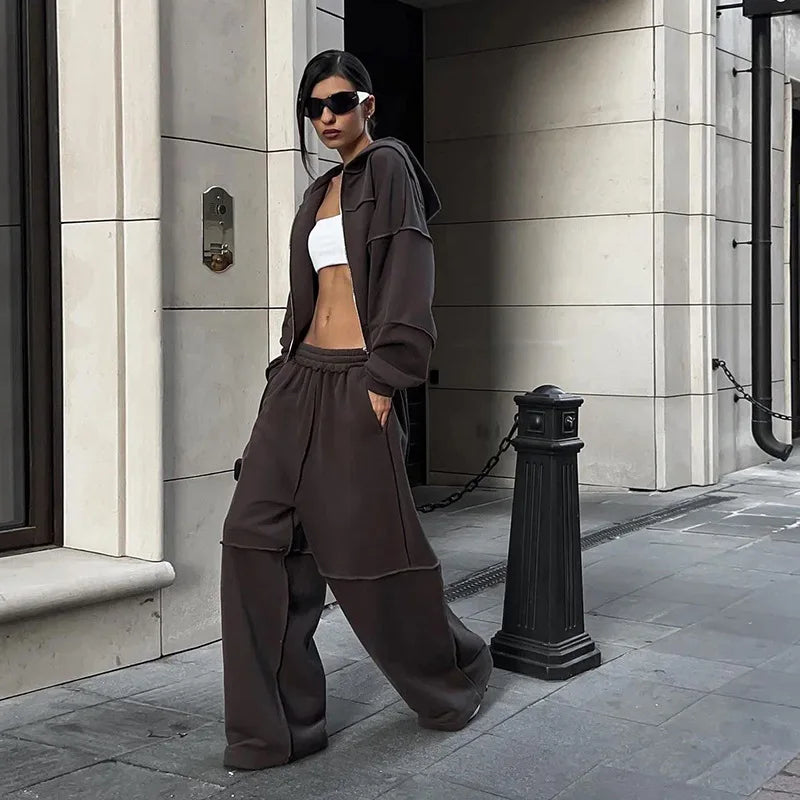 Autumn Winter Casual Hoodie Two Piece Set Women Trendy Sports Style Hooded Cardigan Wide Legs Trousers 2 Piece Sets Female New