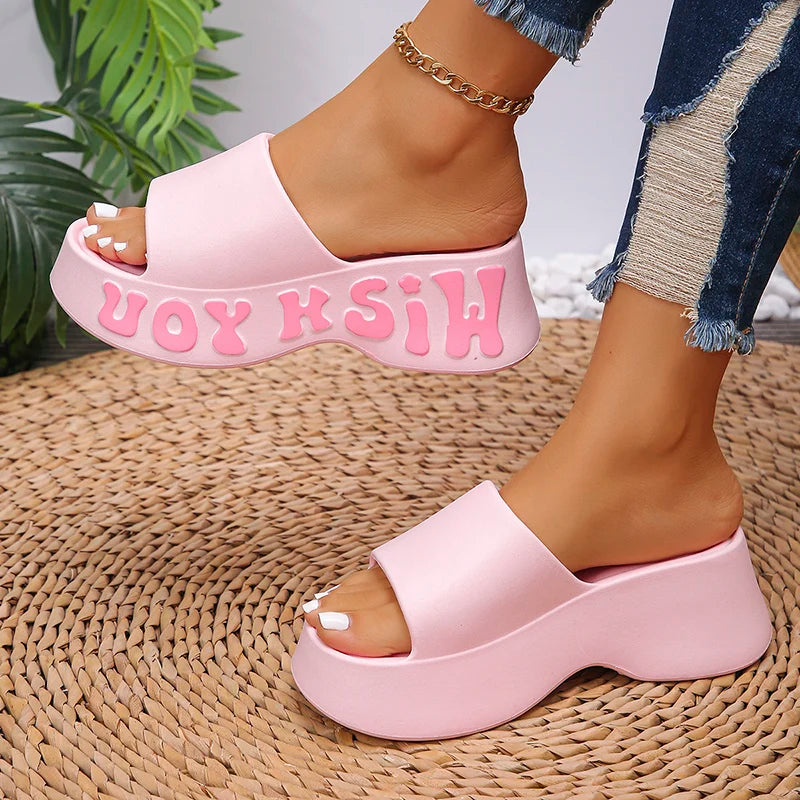 Fashion Letter Print Platform Slippers Women EVA Soft Thick Bottom Wedge Sandals for Woman Summer Non Slip Outdoor Beach Slides