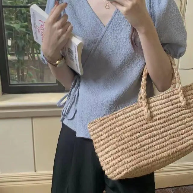 Blouses Women Summer Korean Style V-neck Design Simple Puff Sleeve Leisure Lace-up All-match Vintage Elegant Daily Trendy Tops