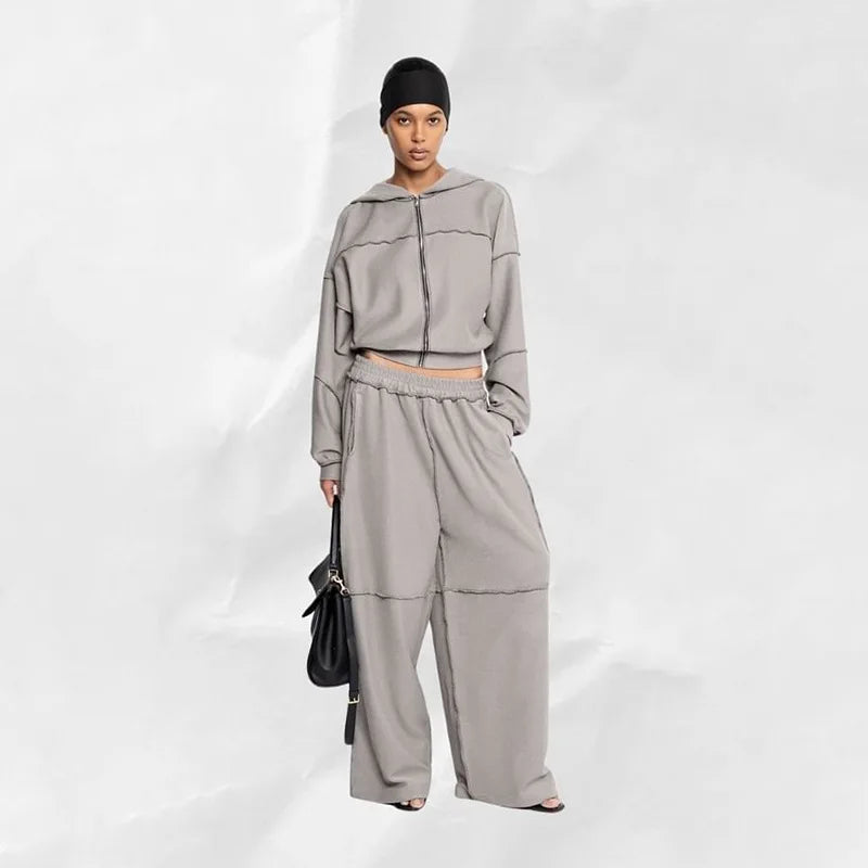 Autumn Winter Casual Hoodie Two Piece Set Women Trendy Sports Style Hooded Cardigan Wide Legs Trousers 2 Piece Sets Female New