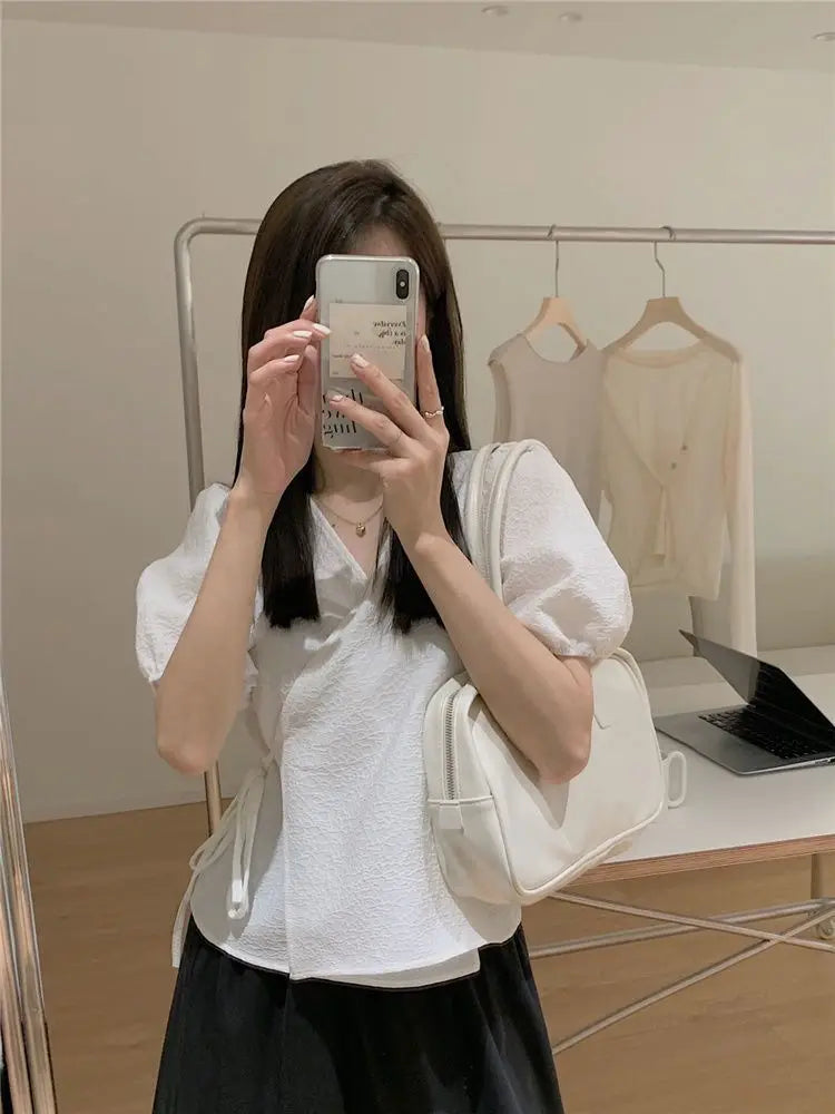 Blouses Women Summer Korean Style V-neck Design Simple Puff Sleeve Leisure Lace-up All-match Vintage Elegant Daily Trendy Tops