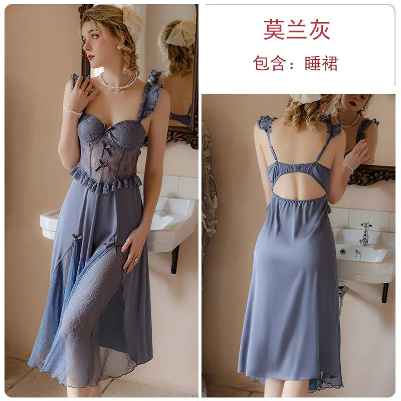 White Perspective Female Robe Set Lace Kimono Nightdress Sleepwear Summer Bathrobe Nightgown Suit Women Mesh Home Wear Clothing