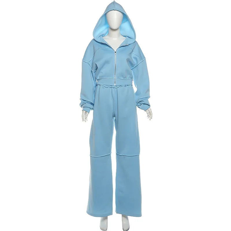 Autumn Winter Casual Hoodie Two Piece Set Women Trendy Sports Style Hooded Cardigan Wide Legs Trousers 2 Piece Sets Female New