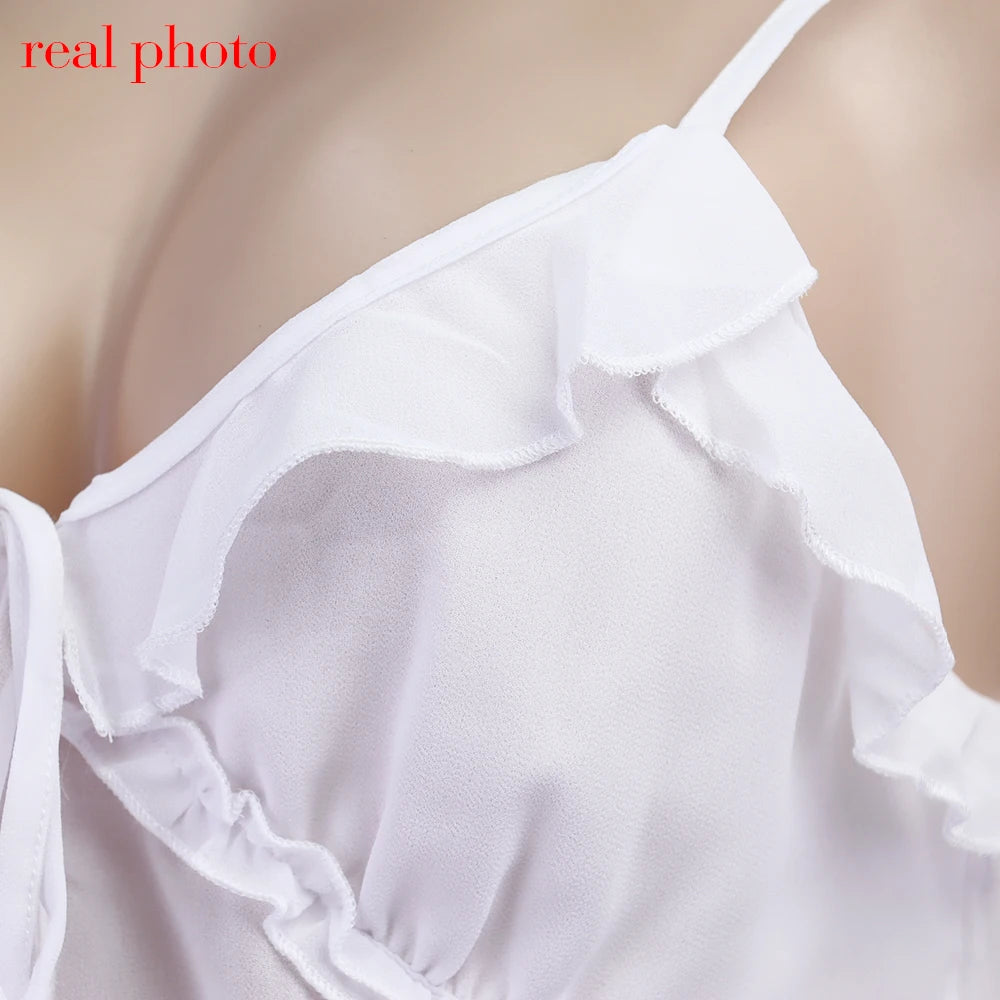 Cryptographic Summer Sleeveless Chiffon Tie Detail Cami Tops Slim Y2K Rave Festival Frill Hem Backless Sheer Sexy Cropped Tops