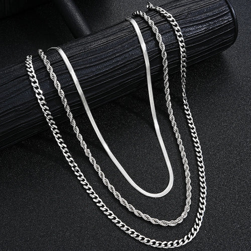 2024 New Simple Stainless Steel Silver Color Jewelry Sets for Men Unisex Punk Vintage Smooth Ring Necklace Bracelet Set Gifts