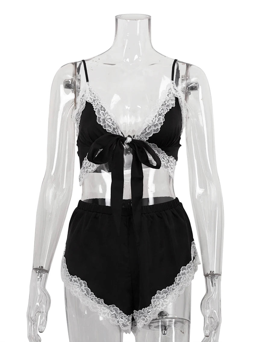 Marthaqiqi Summer Women Sleepwear Set Sexy Spaghetti Strap V-Neck Pajamas Lace Up Nightie Tank Top Nightwear Shorts Home Clothes