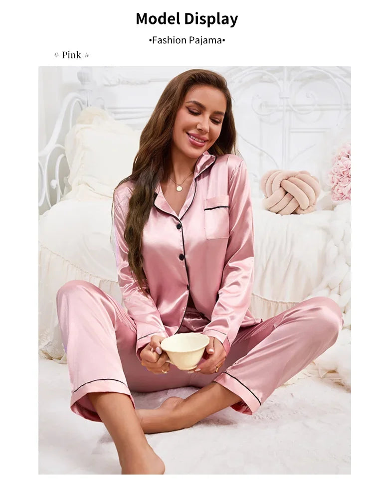 2026 New Women's Pajamas Autumn Luxurious Satin Long Sleeve Pajama Set Elegant Lapel Collar Top Long Pants Sleepwear Loungewear