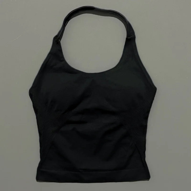 HISTELLO Impact Halter Top Women Backless Push Up Seamless High Support Bust Lift Slim Fit Gym Pilates Fitness Sports Vest