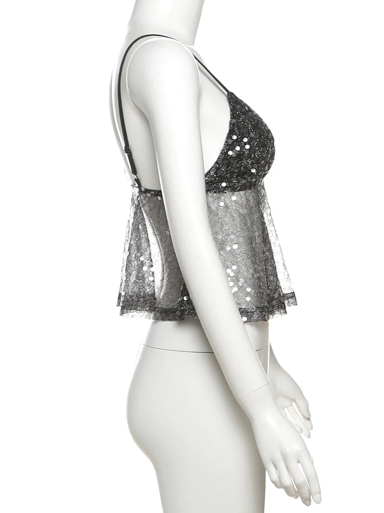 Weird Puss Sequins Patchwork Mesh Camisole Women v-Neck Sexy Backless Summer Trend Street Midnight Versatile Hottie Classic Tops