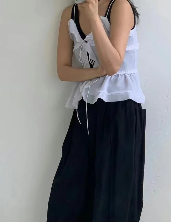 Cryptographic Summer Sleeveless Chiffon Tie Detail Cami Tops Slim Y2K Rave Festival Frill Hem Backless Sheer Sexy Cropped Tops