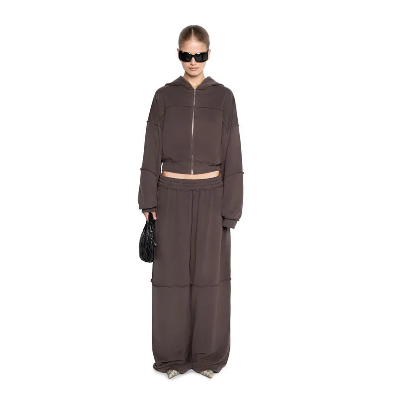 Autumn Winter Casual Hoodie Two Piece Set Women Trendy Sports Style Hooded Cardigan Wide Legs Trousers 2 Piece Sets Female New