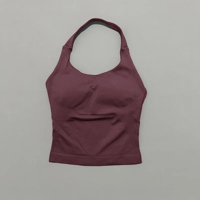 HISTELLO Impact Halter Top Women Backless Push Up Seamless High Support Bust Lift Slim Fit Gym Pilates Fitness Sports Vest