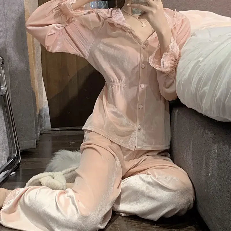 Velvet Pajama Sets Women Sweet Lace Aesthetic Chic Sleepwear Retro French Style Elegant Feminine Autumn Winter Cozy Home Pajamas