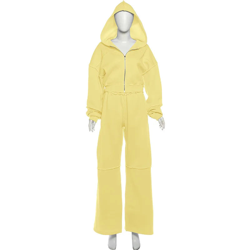 Autumn Winter Casual Hoodie Two Piece Set Women Trendy Sports Style Hooded Cardigan Wide Legs Trousers 2 Piece Sets Female New