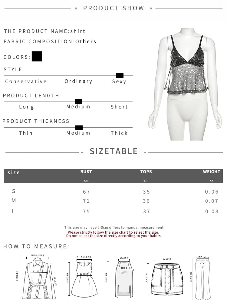 Weird Puss Sequins Patchwork Mesh Camisole Women v-Neck Sexy Backless Summer Trend Street Midnight Versatile Hottie Classic Tops