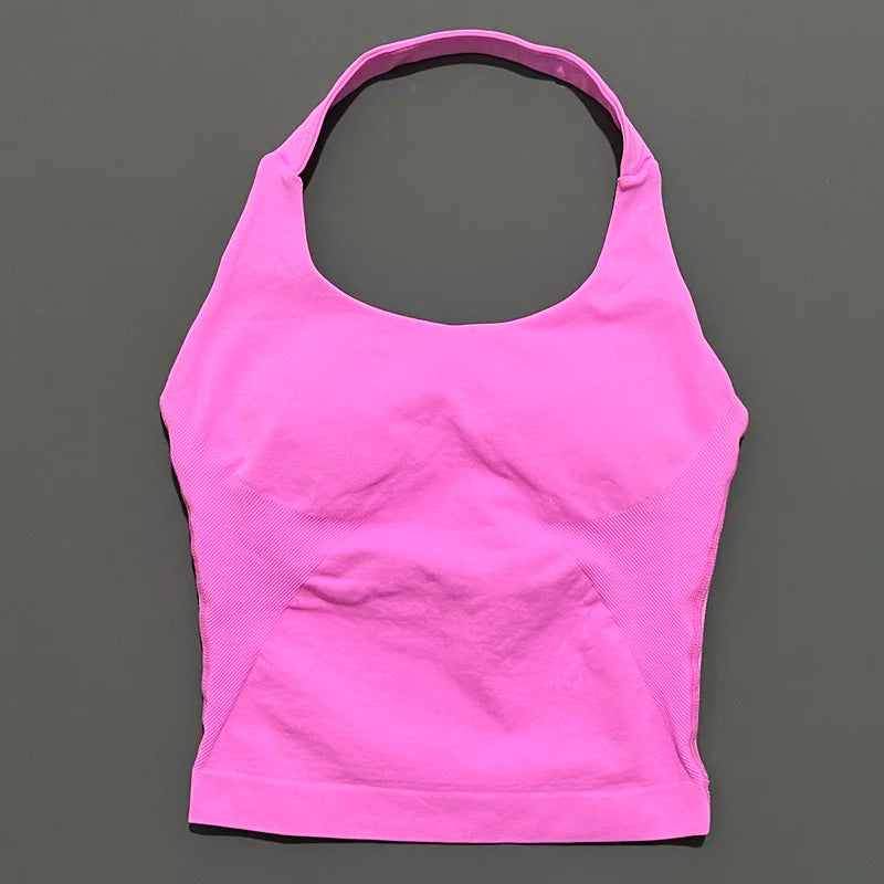 HISTELLO Impact Halter Top Women Backless Push Up Seamless High Support Bust Lift Slim Fit Gym Pilates Fitness Sports Vest