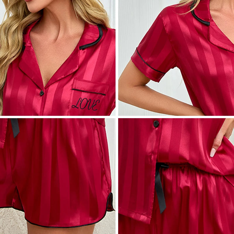 Women's Pajama Set Summer Satin Striped Short Sleeve Top With Shorts Pajamas Casual Two Piece Set Victoria Style Pajama Homewear