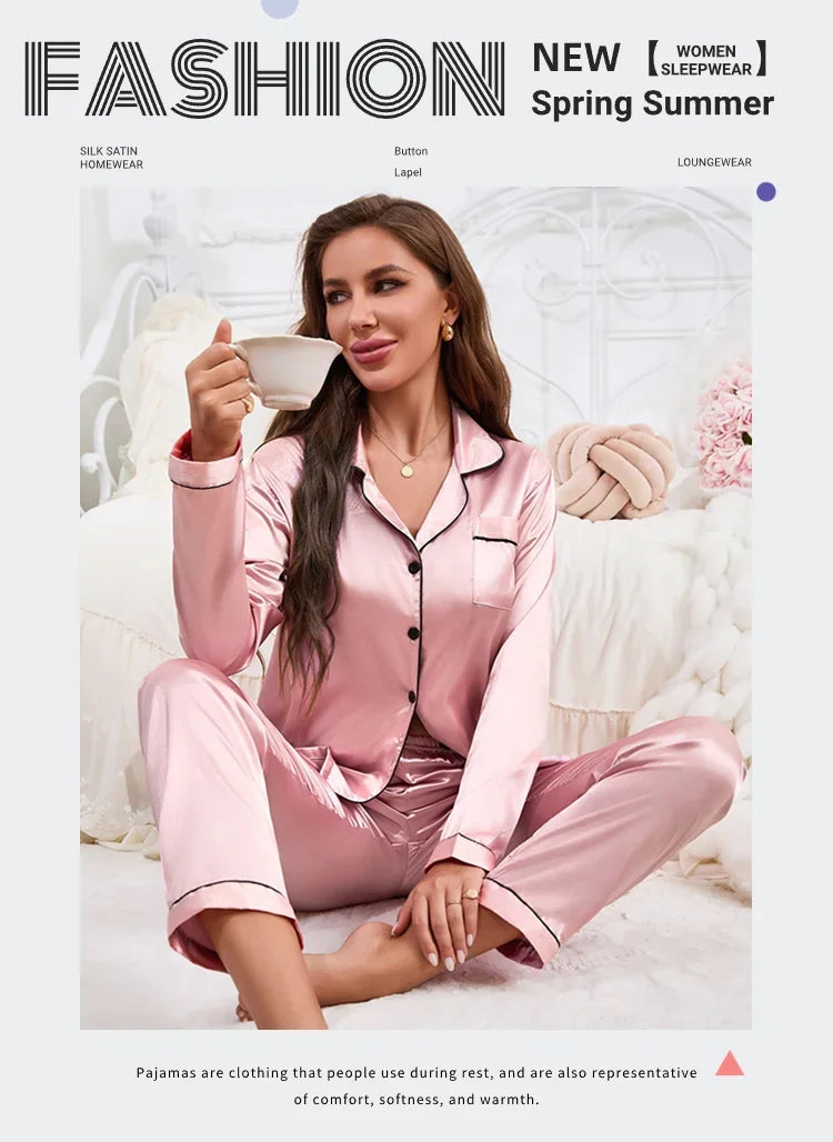 2026 New Women's Pajamas Autumn Luxurious Satin Long Sleeve Pajama Set Elegant Lapel Collar Top Long Pants Sleepwear Loungewear