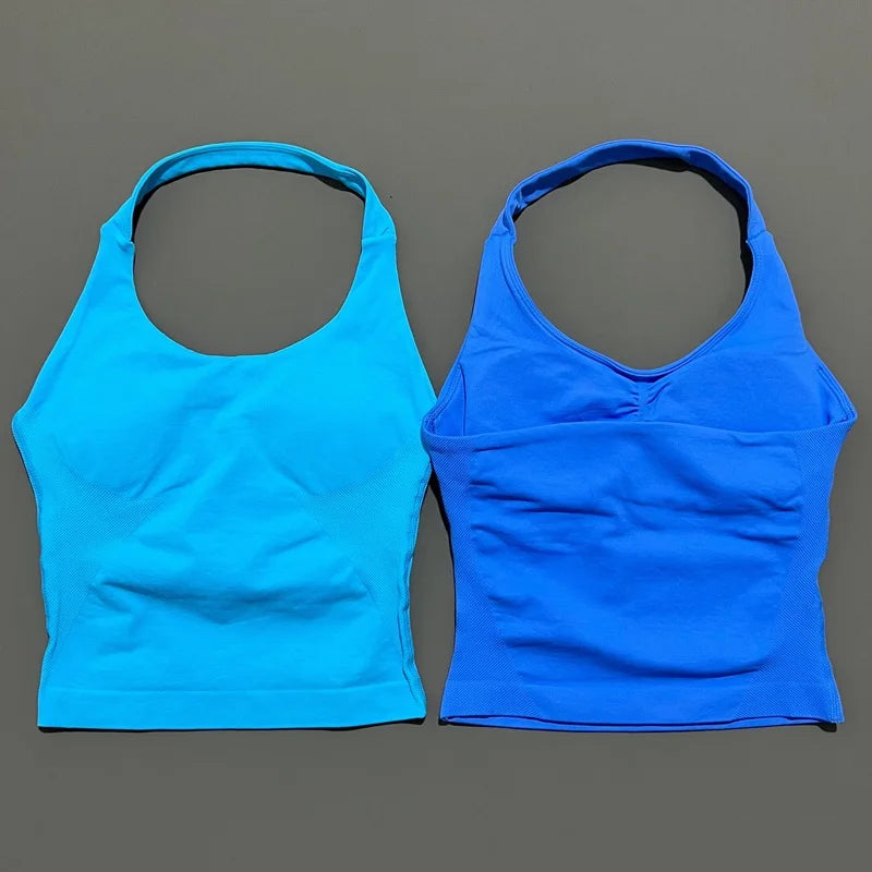 HISTELLO Impact Halter Top Women Backless Push Up Seamless High Support Bust Lift Slim Fit Gym Pilates Fitness Sports Vest
